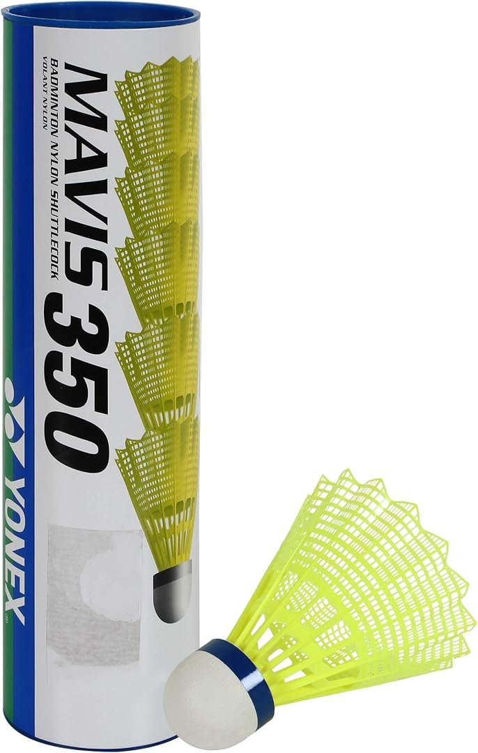 Yonex Mavis 350 nylon shuttlecocks in tube with blue medium-speed cap band