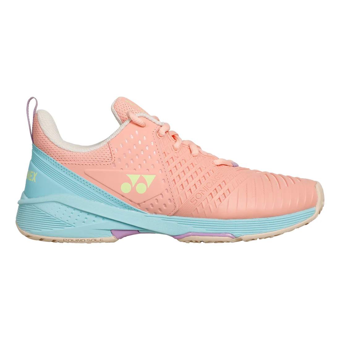 Yonex Sonicage Clay women's tennis shoe in a coral colourway, side view